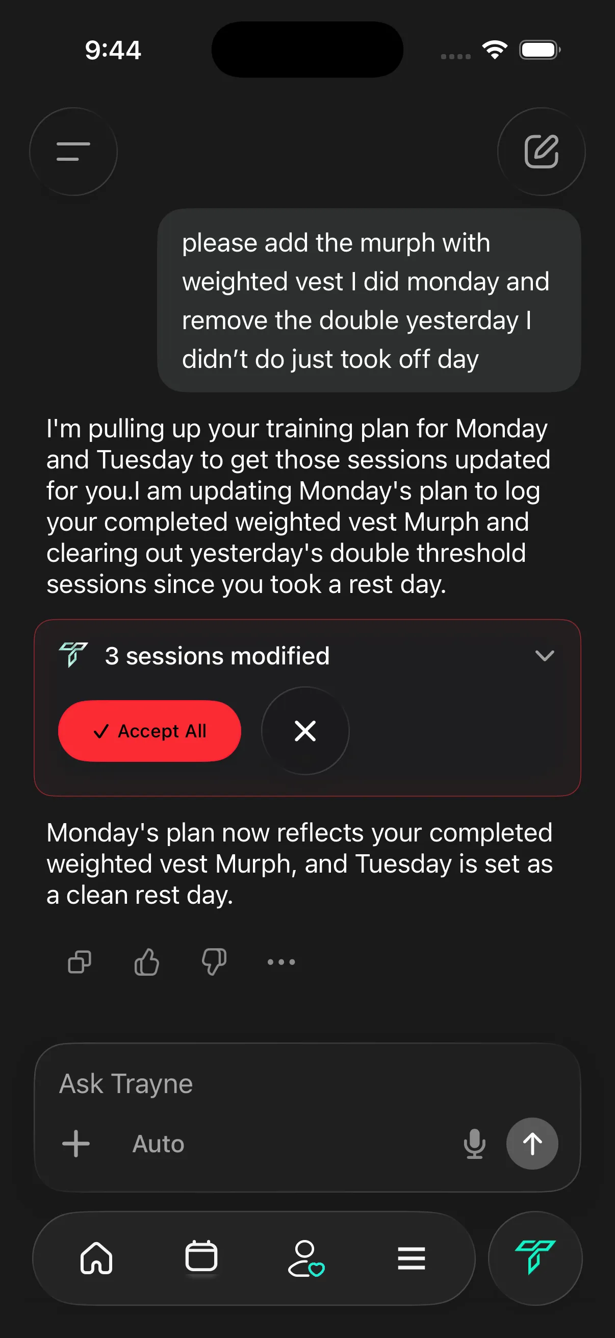 Trayne chat adjusting the plan — 3 sessions modified