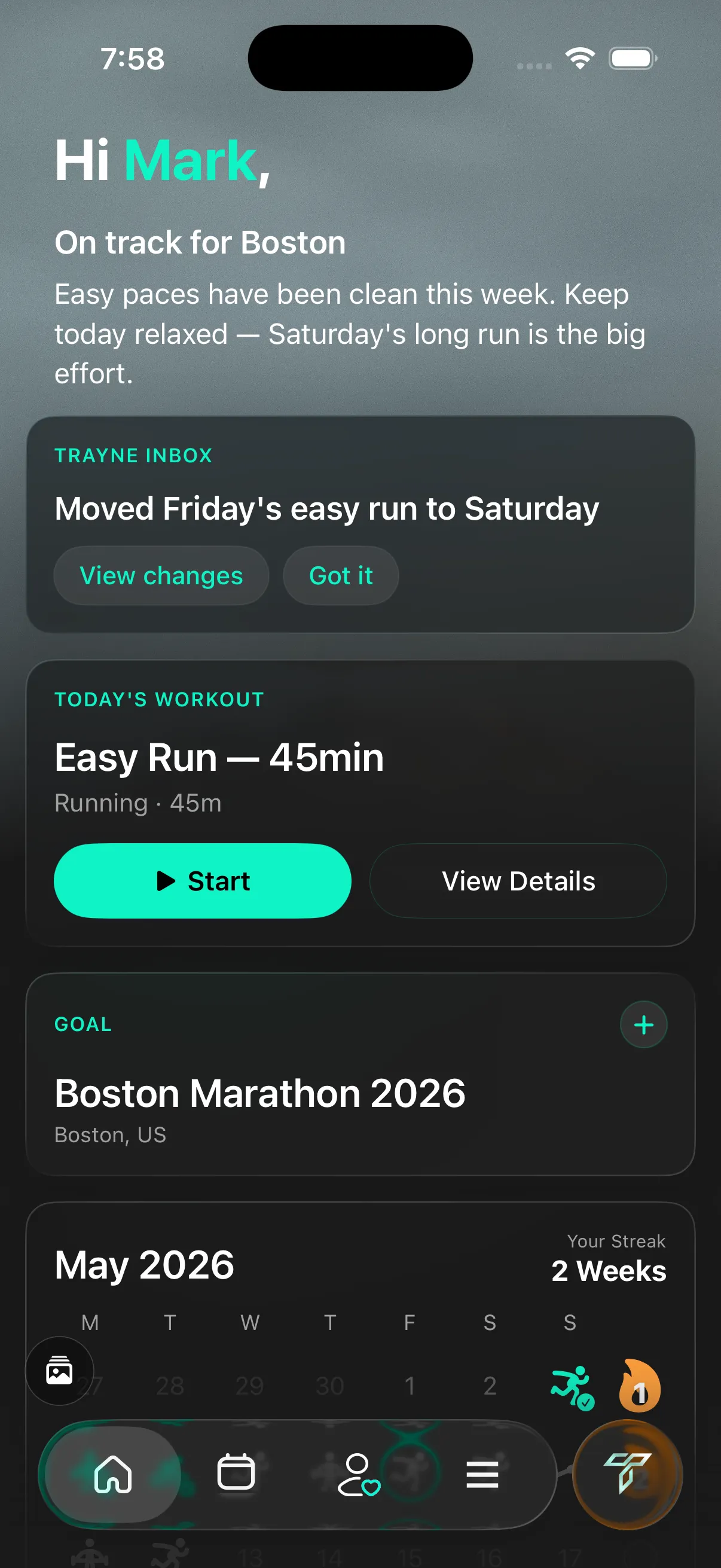 Trayne home dashboard — on track for Boston