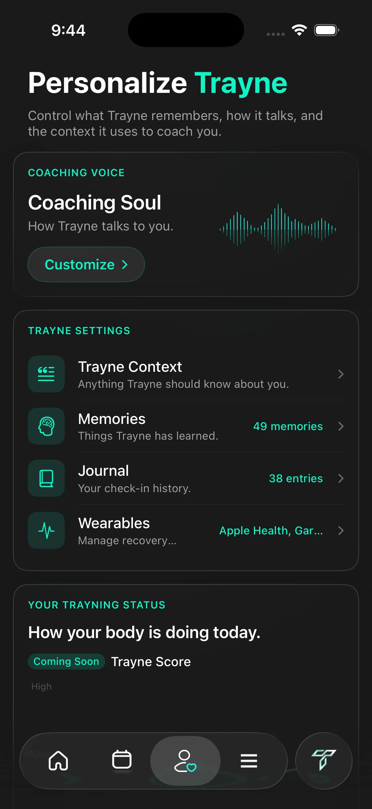 Personalize Trayne — coaching voice, memory, journal, wearables